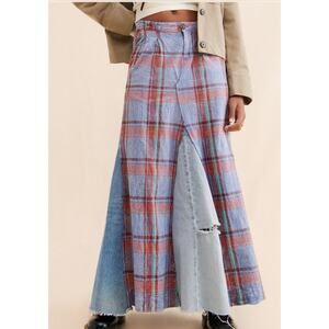 Tricia Fix reworked denim plaid skirt